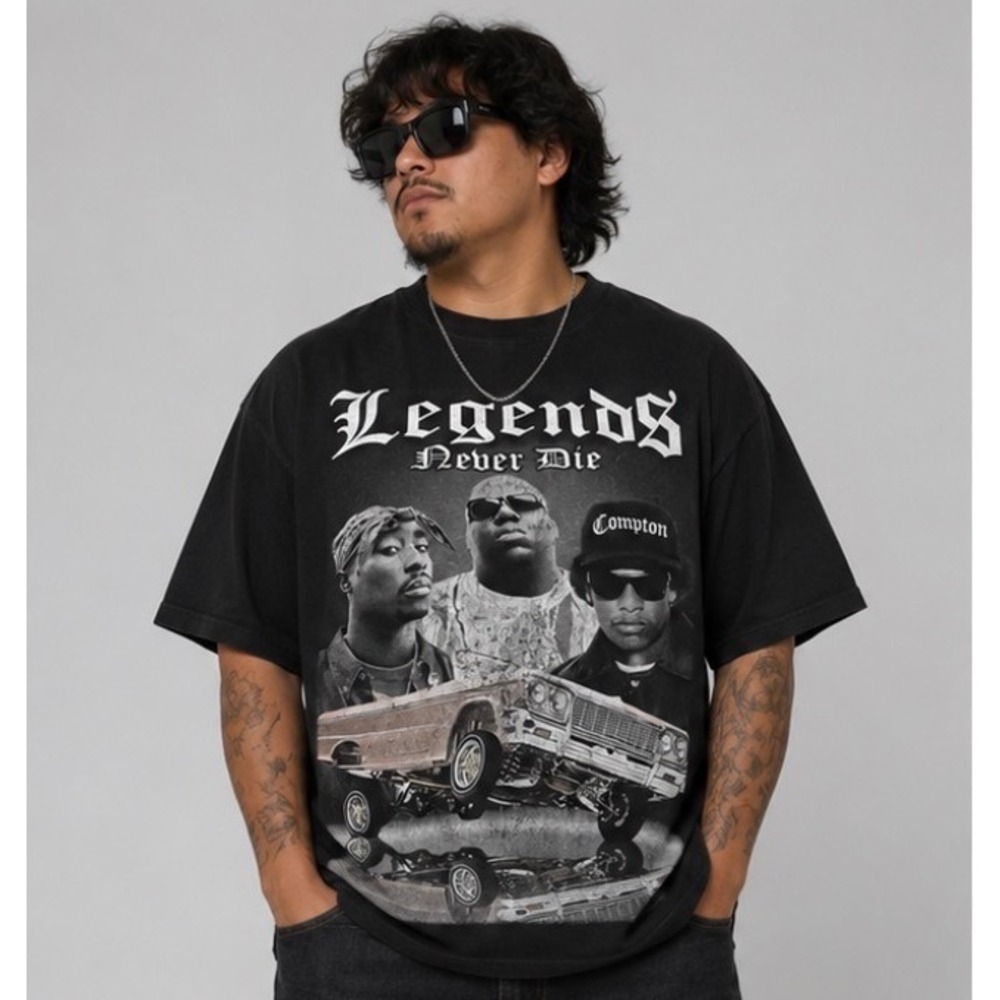 Shaka Wear T-Shirt Men Black 2XL  Legends Never Die Tupac Biggie Eazy-E Lowrider